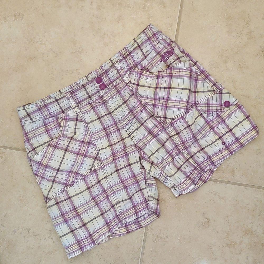 The North Face Plaid Shorts 100% Nylon Quick Dry Purple White Drawstring - 8